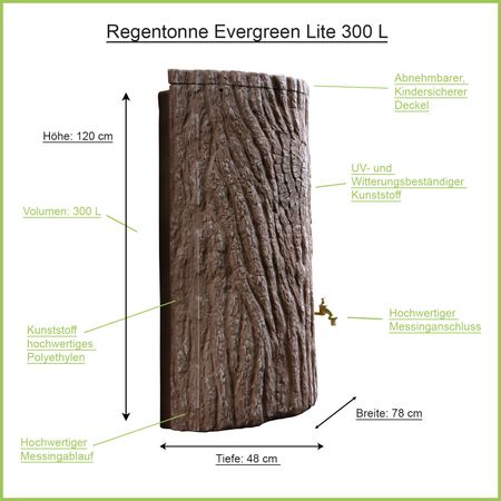 Regentonne Baumstamm Evergreen Lite braun 300 Liter Erklärbild