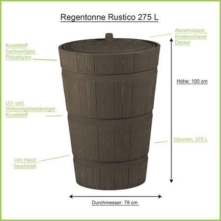Regentonne Holzoptik Rustico braun 275 Liter Erklärbild