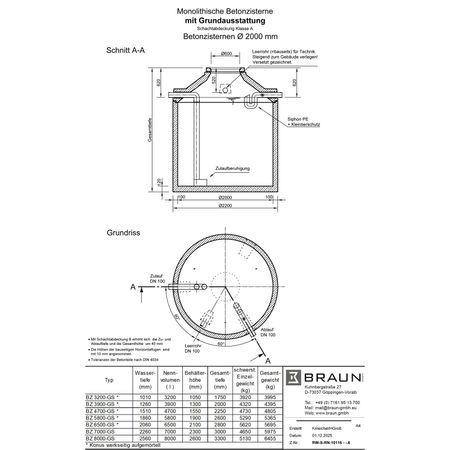 Technische Zeichnung Betonzisterne D= 2000 mm mit Grundausstattung
