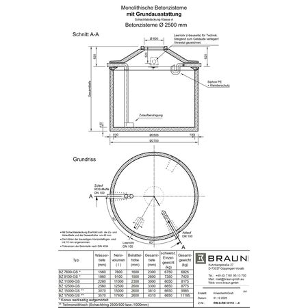 Technische Zeichnung Betonzisterne D= 2500 mm mit Grundausstattung
