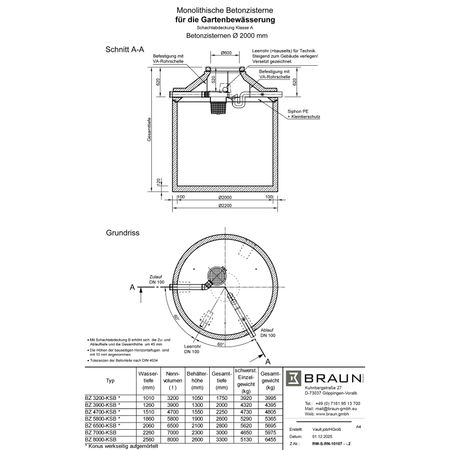 Technische Zeichnung Betonzisterne D= 2000 mm für die Gartenbewässerung