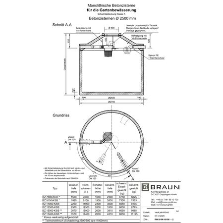 Technische Zeichnung Betonzisterne D= 2500 mm für die Gartenbewässerung