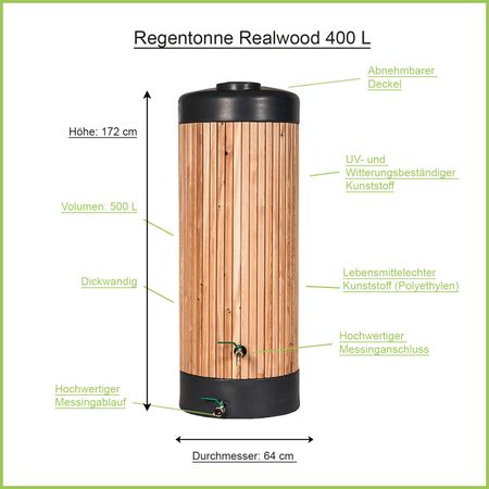 Regensäule Realwood mit Massivholz 400 Liter Erklärbild