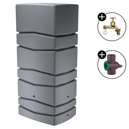 Regentonne Neptun grau 650 Liter mit Wasserhahn messing und Regensammler Inox braun 