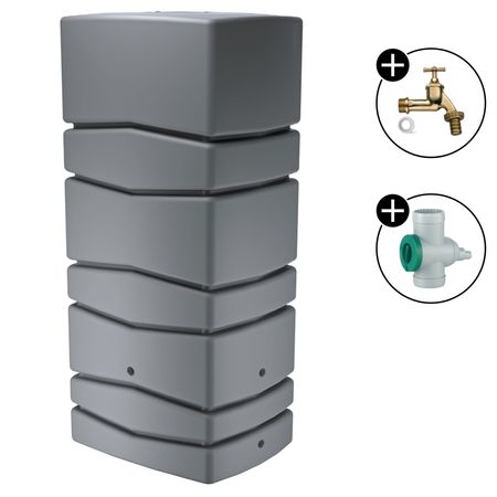 Regentonne Neptun grau 650 Liter mit Wasserhahn messing und Regensammler Inox grau 