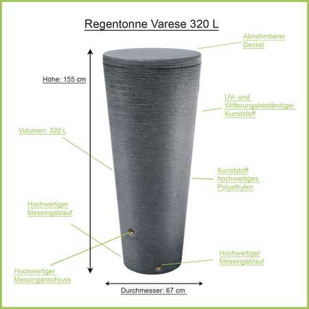 Regentonne granitgrau VARESE 320 Liter Erklärbild
