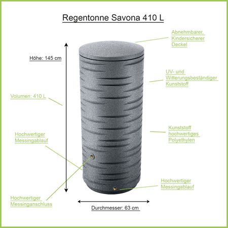 Regentonne granitgrau SAVONA 410 Liter Erklärbild