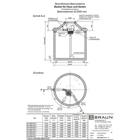 Technische Zeichnung Betonzisterne D= 2000 mm mit Korbfilter INOX für Haus und Garten 
