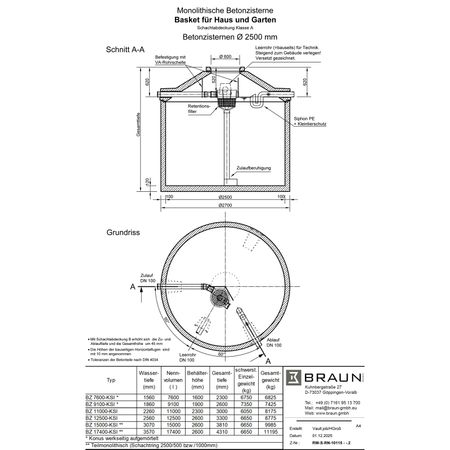 Technische Zeichnung Betonzisterne D= 2500 mm mit Korbfilter INOX für Haus und Garten 