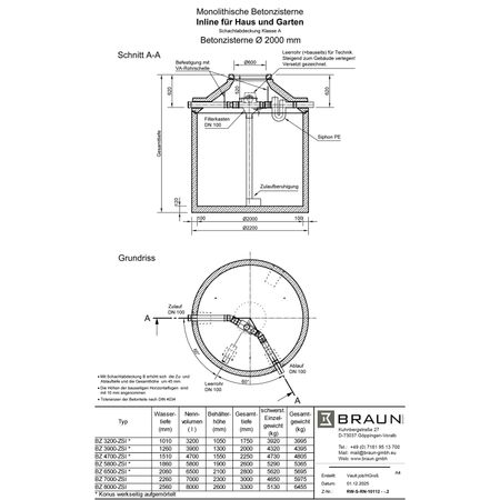Technische Zeichnung Betonzisterne D= 2000 mm mit Inlinefilter für Haus und Garten 