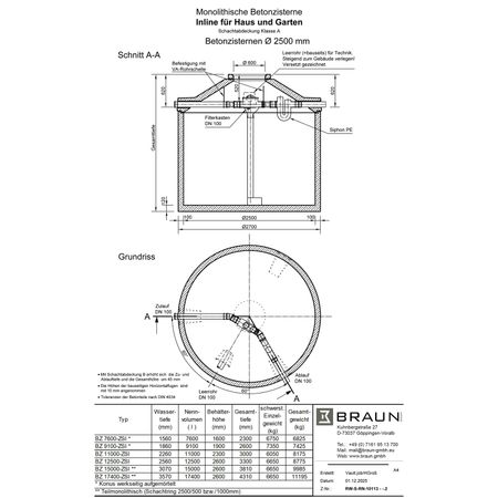 Technische Zeichnung Betonzisterne D= 2500 mm mit Inlinefilter für Haus und Garten 
