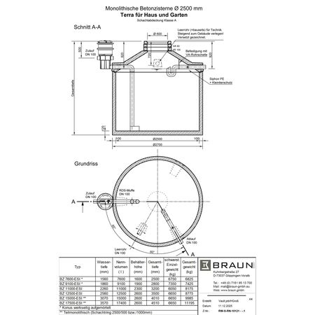 Technische Zeichnung Betonzisterne Terra D = 2500 mm mit Erdfilter Terra für Haus und Garten