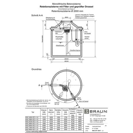 Technische Zeichnung Retentionszisterne D = 2000 mm inkl. Filter mit gepr. Drossel