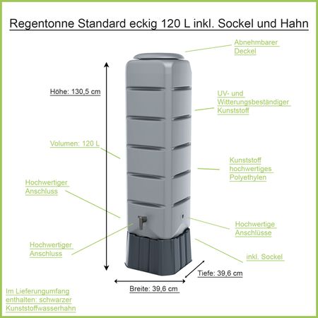 Regentonne Standard grau eckig 120 L Erklärbild
