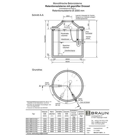 Technische Zeichnung Retentionszisterne D = 2000 mm mit gepruefter Drossel