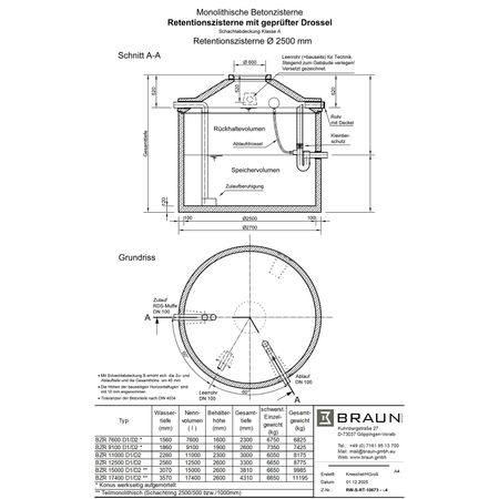 Technische Zeichnung Retentionszisterne D = 2500 mm mit gepruefter Drossel