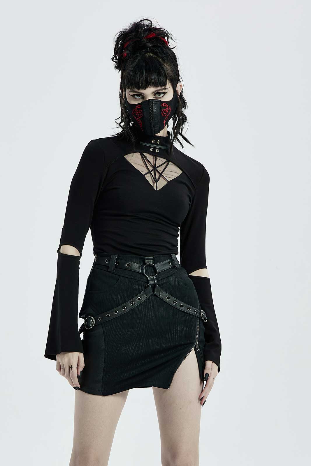 Black Gothic Punk Mask Outfit Set for Women 