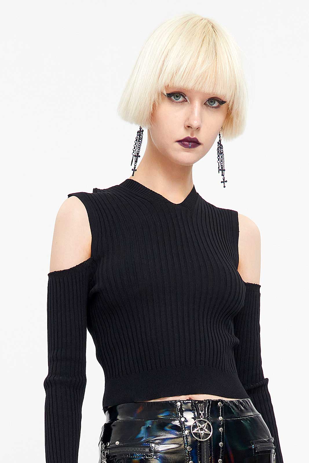 Vinyl Cutout Turtleneck Bodysuit - Black