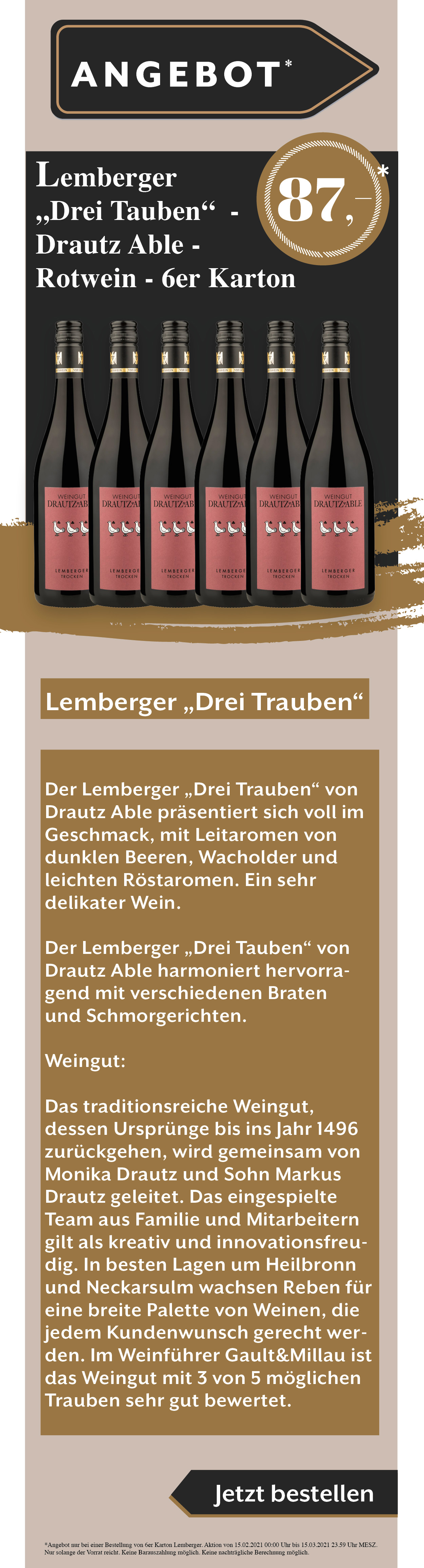 Wein Lemberger Angebot Rabatt Weißwein Rotwein Rose drei Trauben drautz able