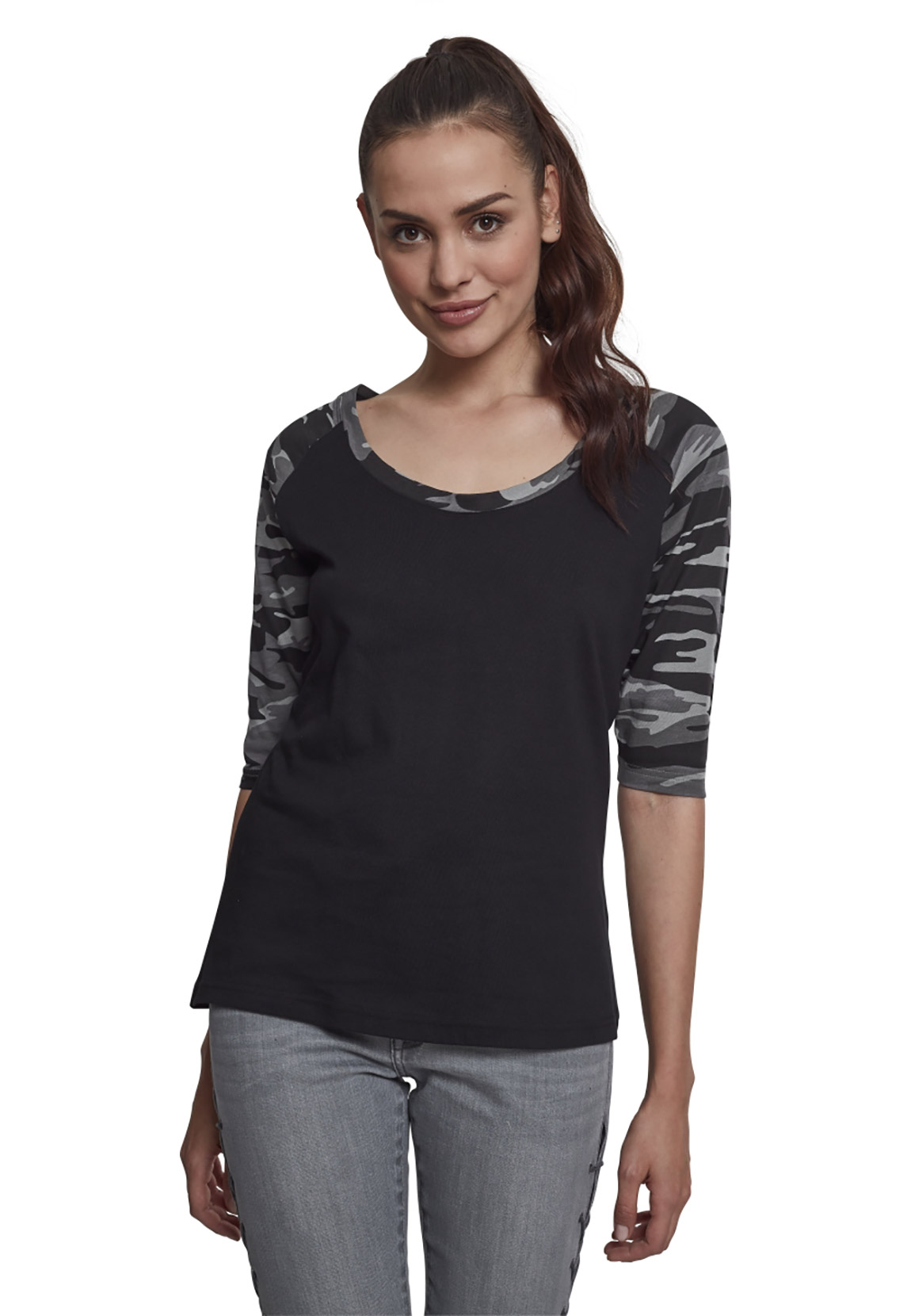 Urban Classics T-Shirt LADIES 3/4 CONTRAST RAGLAN TEE TB733 Schwarz  Camouflage Black/Darkcamo | Fashioncode.de Onlineshop