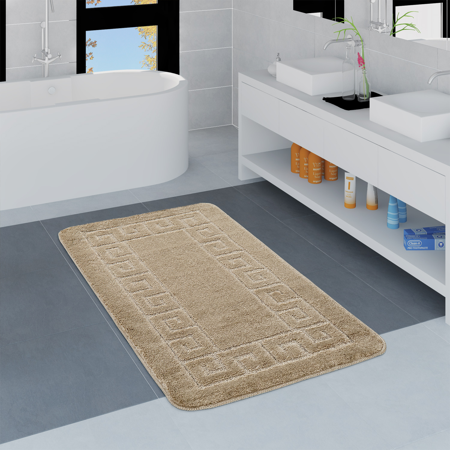 Bathroom Rug Border Beige Rug24