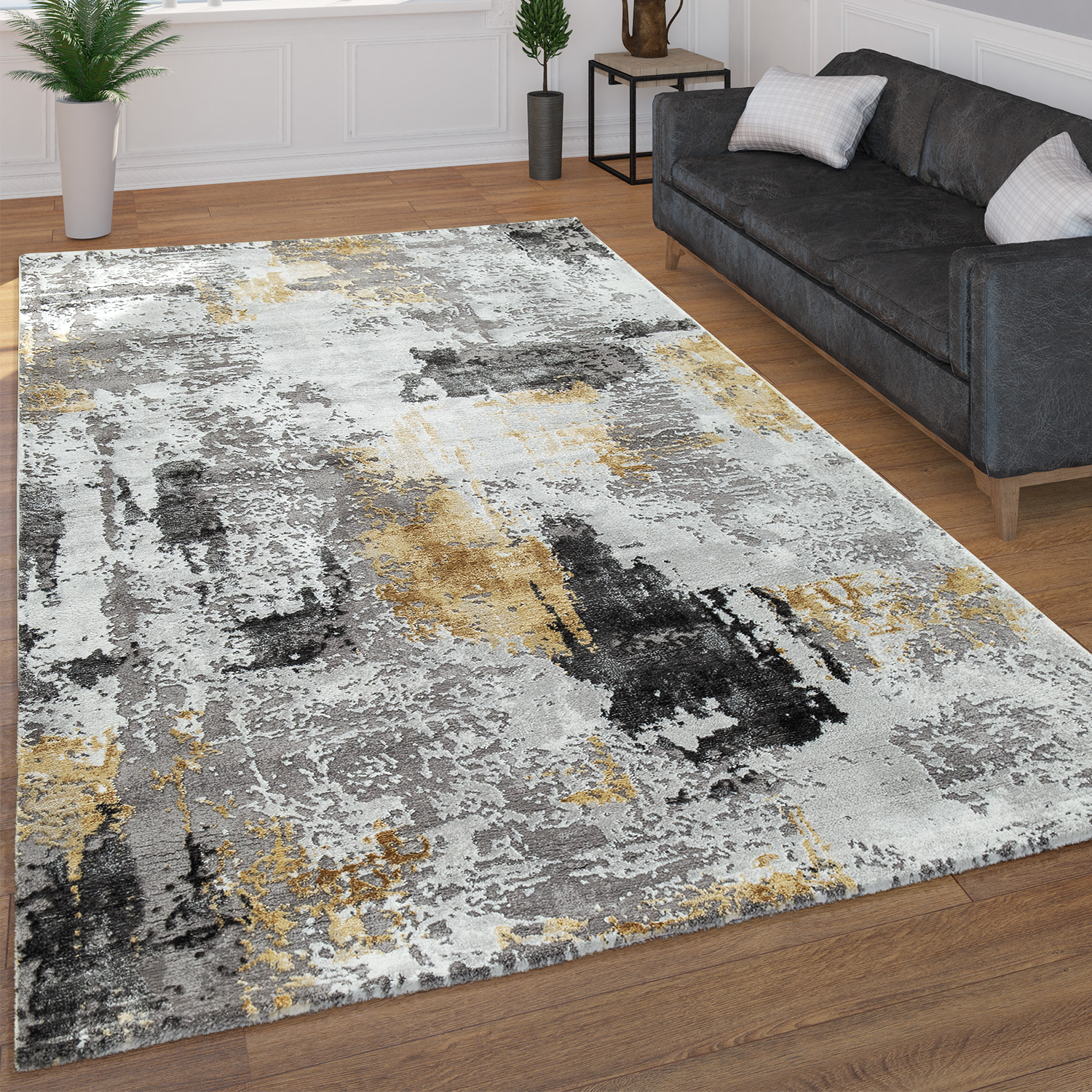 Tapis Poils Ras Motif Abstrait Jaune