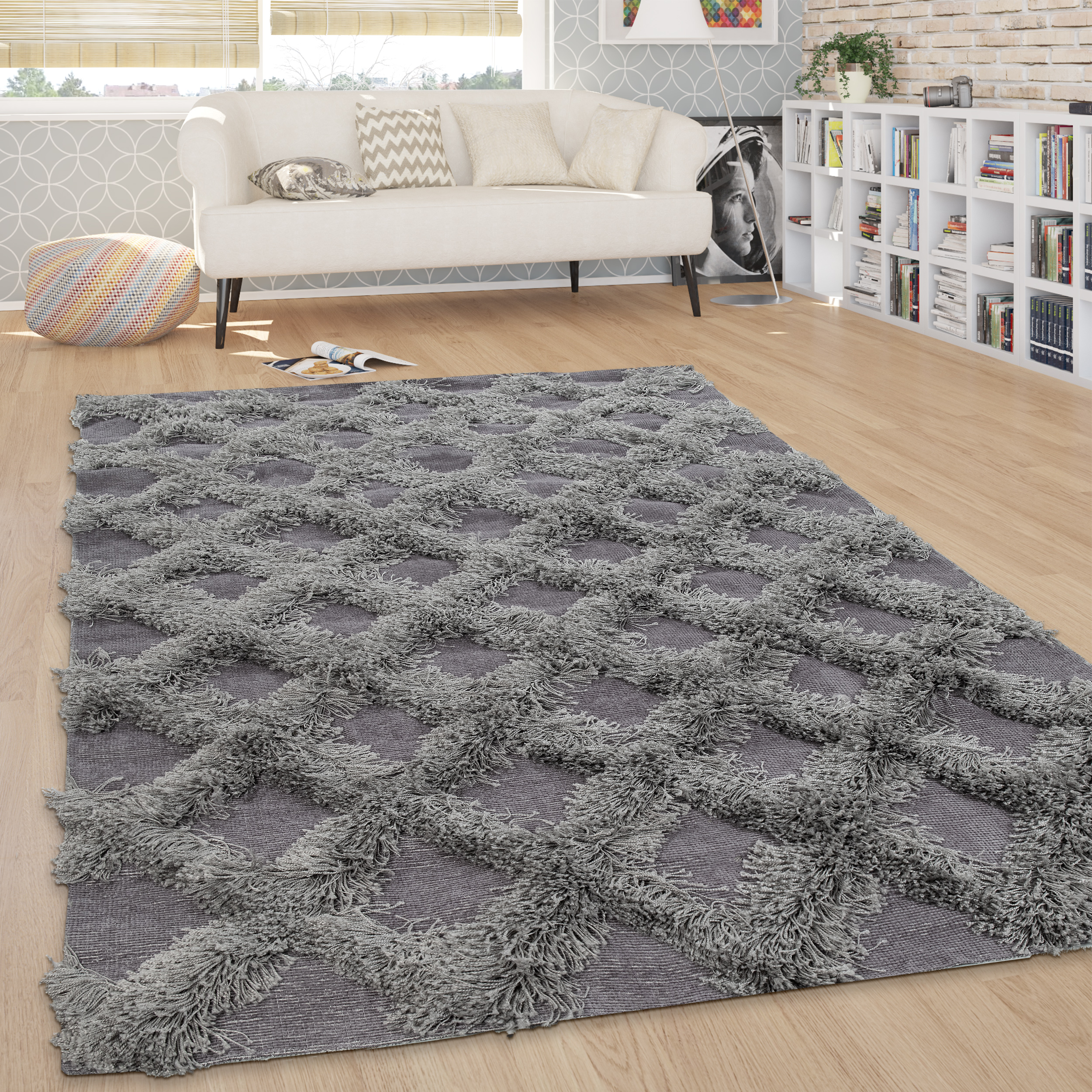  Tapis  Salon  Shaggy Poils Longs Losanges Carreaux 