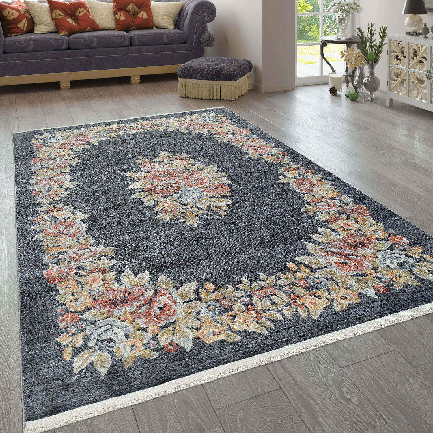 Teppich Wohnzimmer Orientteppich Floral Blau | Teppich.de