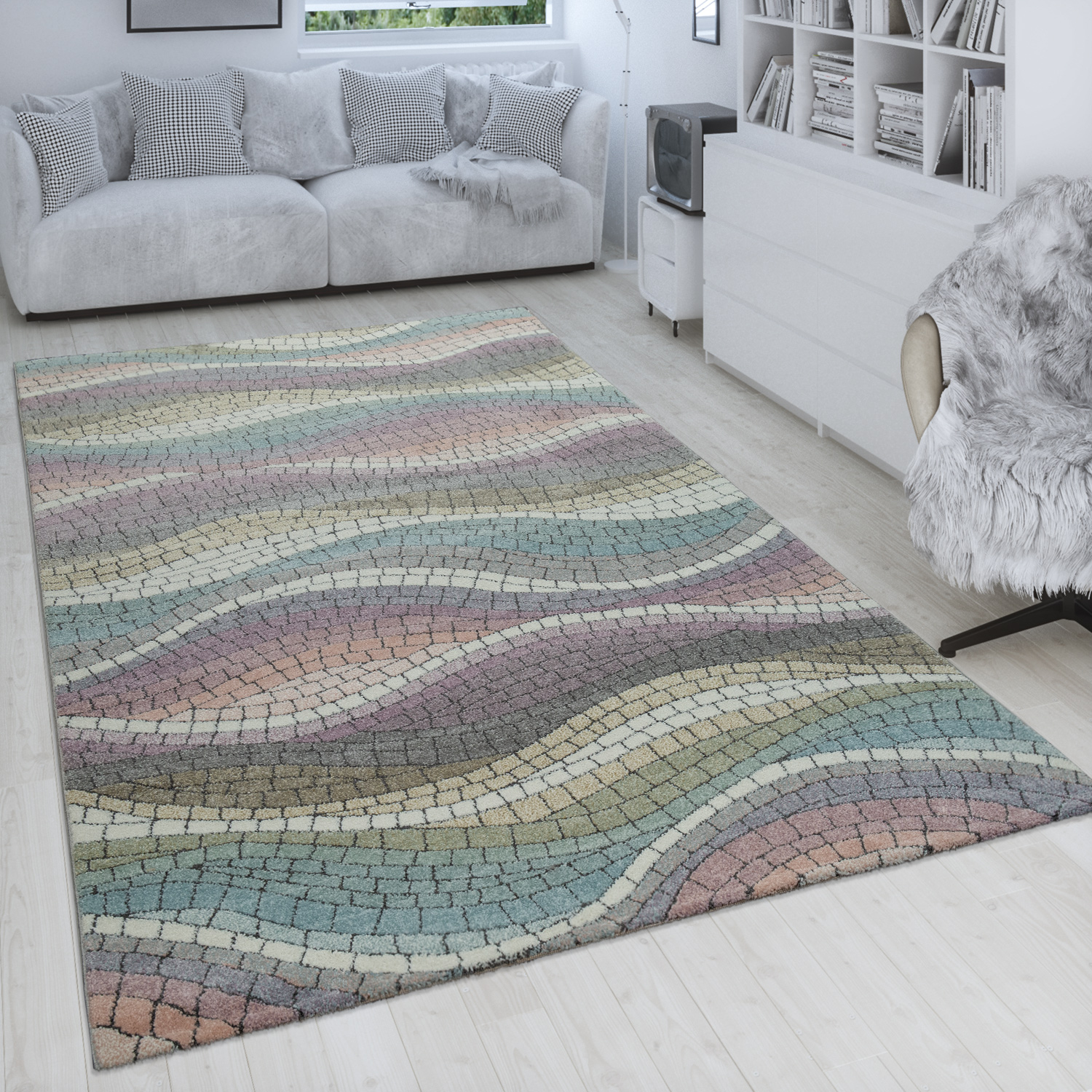 Kurzflor Teppich Bunt Weich Wohnzimmer 3-D Design Mosaik Wellen Muster