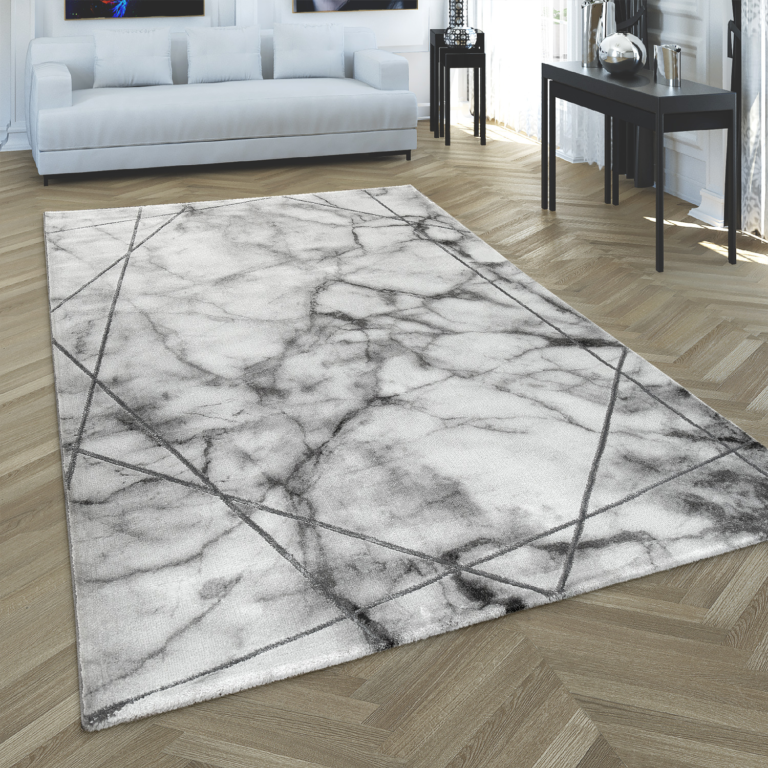 Alfombra Sala de Estar Oro- Gris, Diseño de Mármol, Suave, Líneas en 3