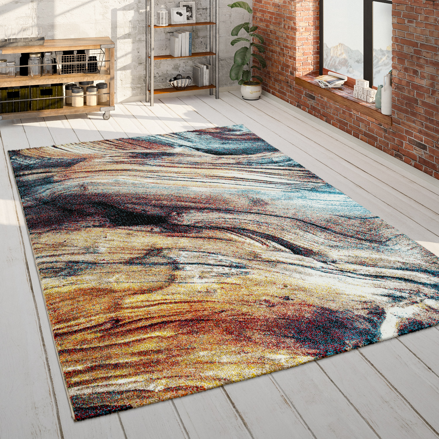 Wohnzimmer Teppich Bunt Kurzflor Retro Muster Abstraktes Design Boho Stil 3-D