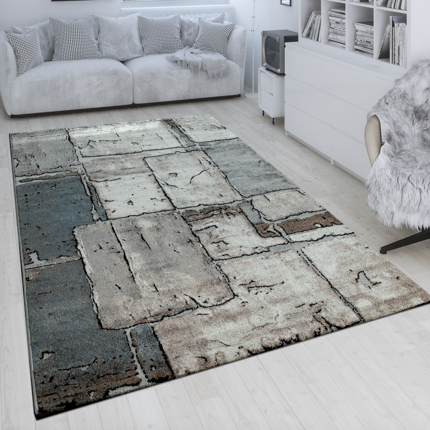 Kurzflor-Teppich Wohnzimmer Grau Weich Used Look verschiedne Design 3-D