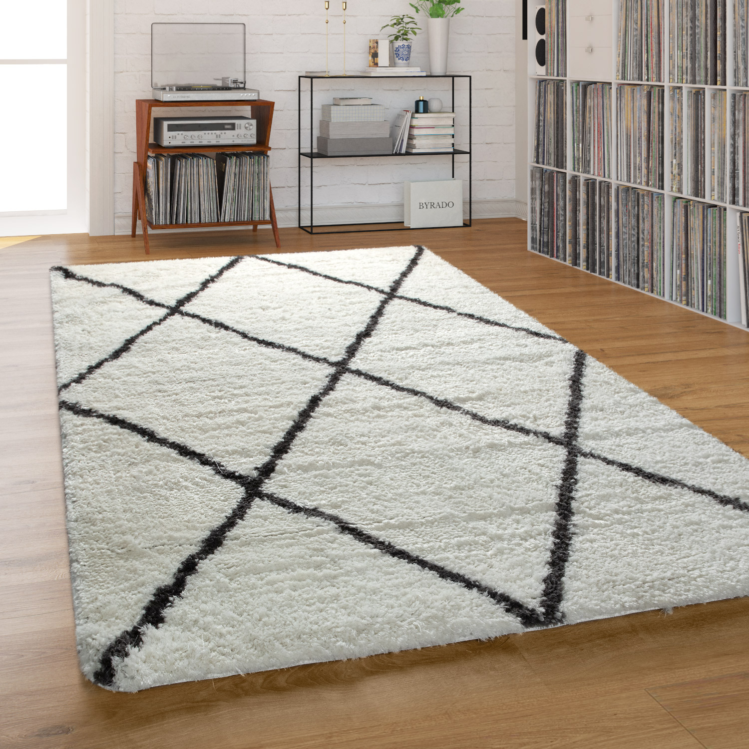 Teppich Wohnzimmer Shaggy Hochflor Einfarbig mit schwarzem Rauten