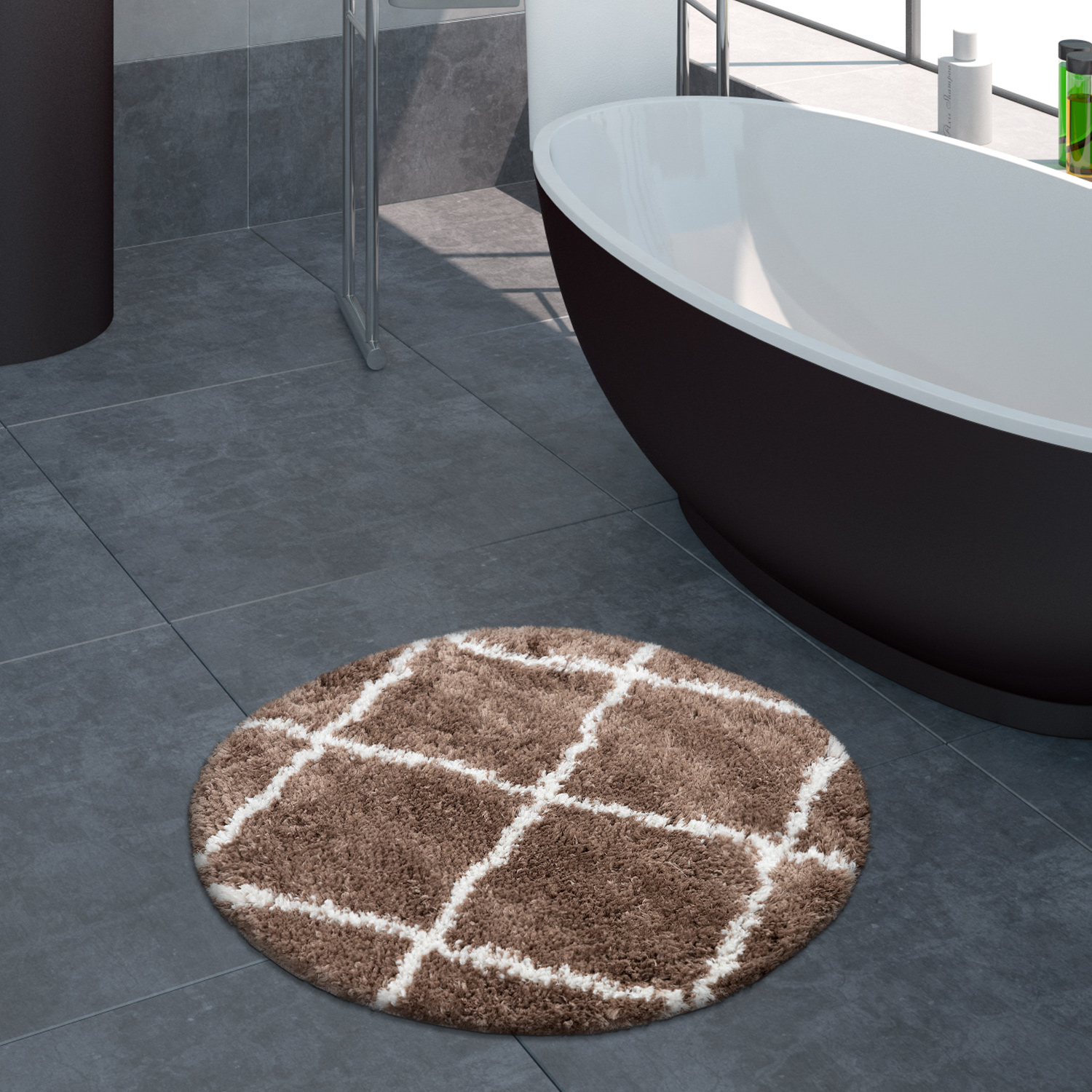 Badematte Badezimmer Shaggy Hochflor Einfarbig mit weißem Rauten Muster