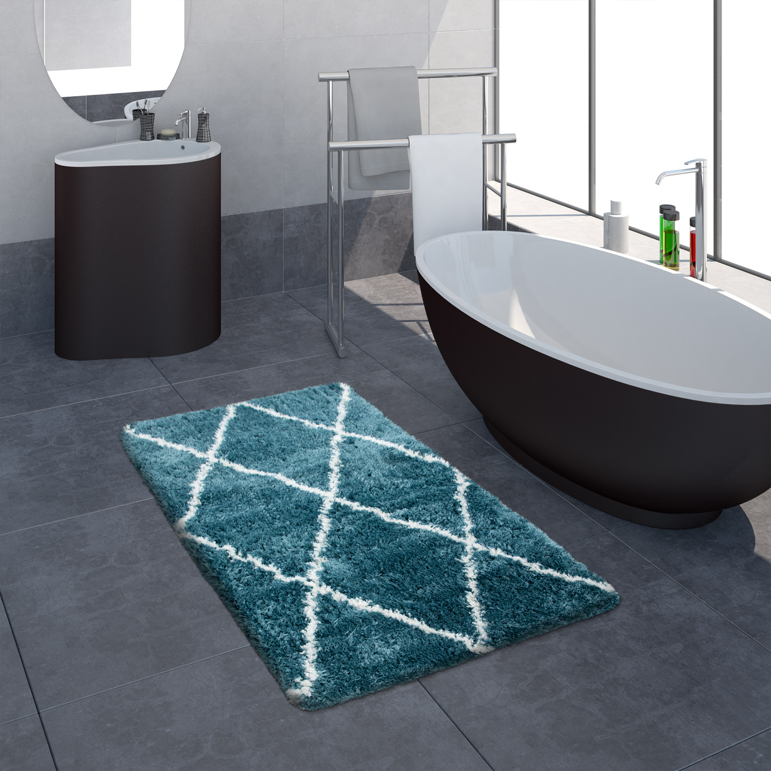 Badematte Badezimmer Shaggy Hochflor Einfarbig mit weißem Rauten Muster