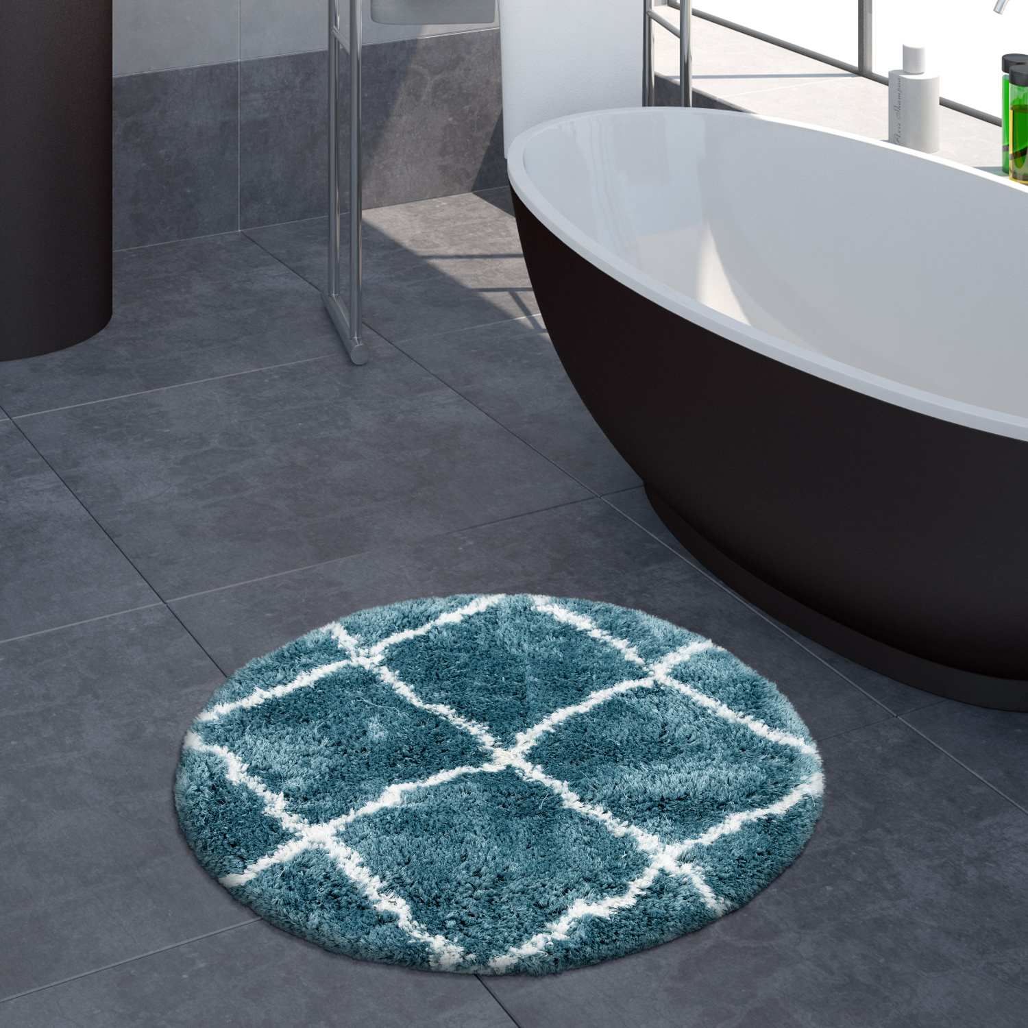 Badematte Badezimmer Shaggy Hochflor Einfarbig mit weißem Rauten Muster