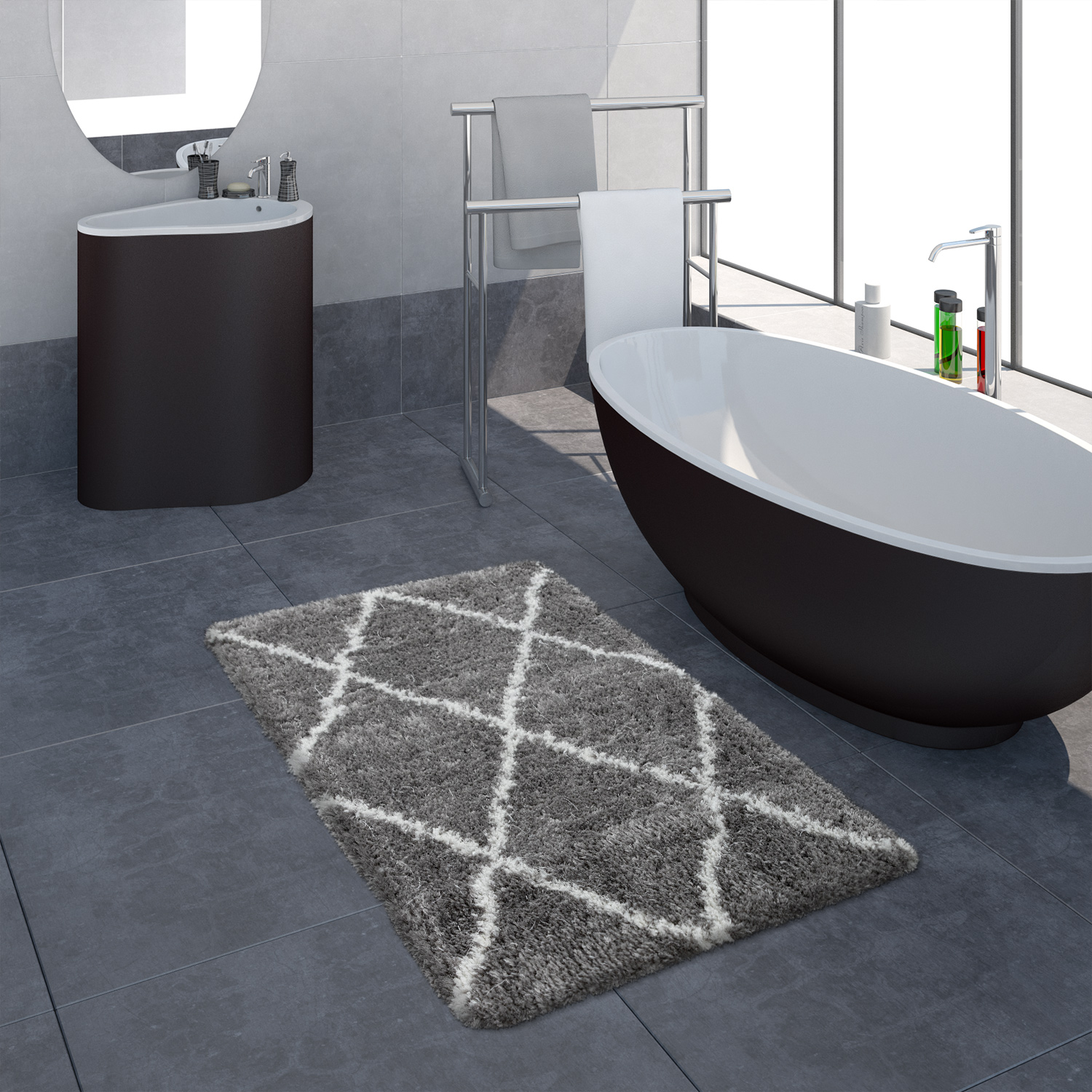 Badematte Badezimmer Shaggy Hochflor Einfarbig mit weißem Rauten Muster