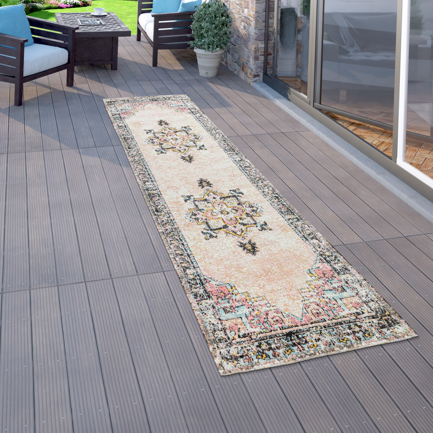 Outdoor Teppich Terrasse Balkon Vintage Küchenteppich Orient Muster