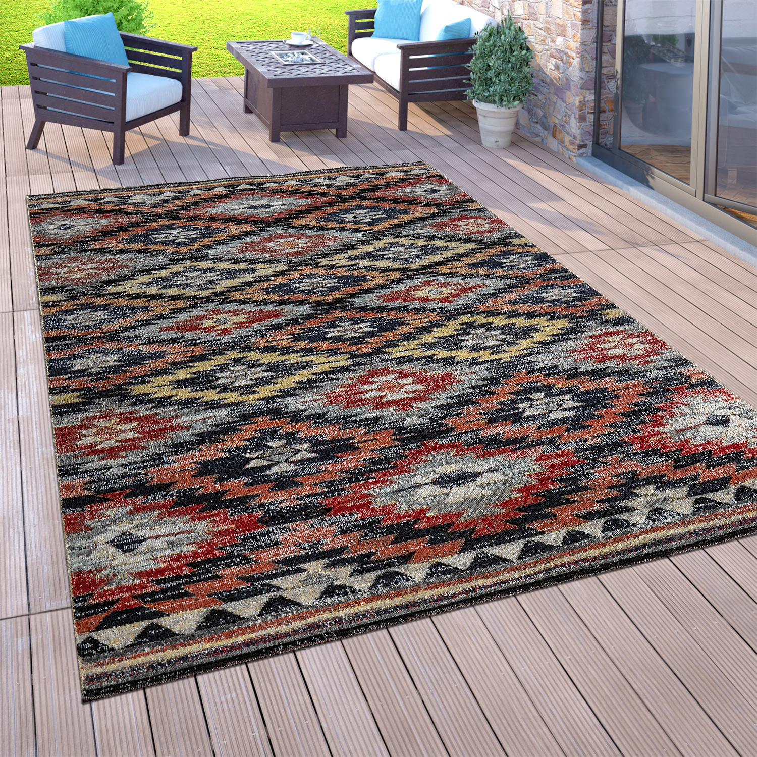 Outdoor-Teppich Für Balkon, Kurzflor Mit Orient-Design, versch. Farben