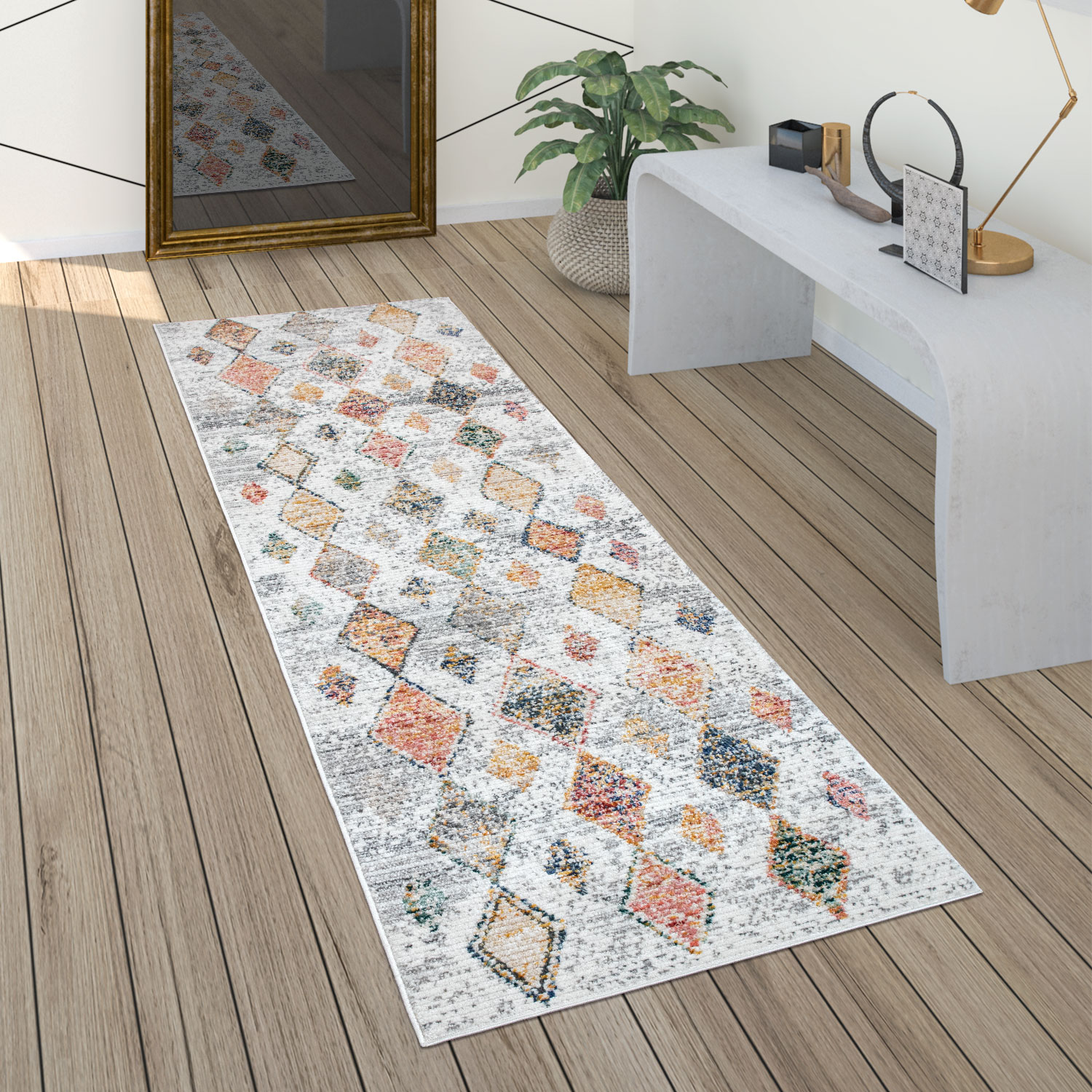 Teppich Wohnzimmer Kurzflor Modernes Ethno Boho 3D Muster Mit Rauten