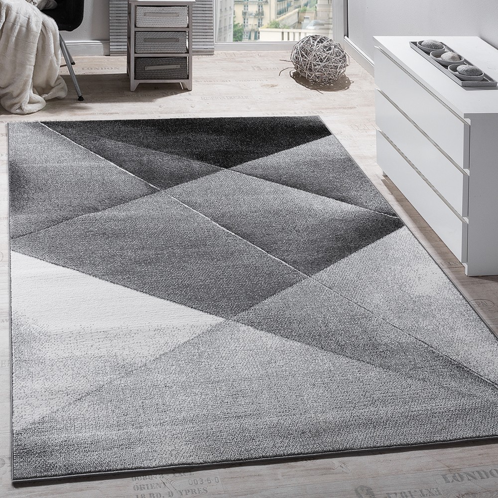 Détails Sur Tapis Design Moderne Motifs Géométriques Poils Ras Gris Noir Blanc Chiné