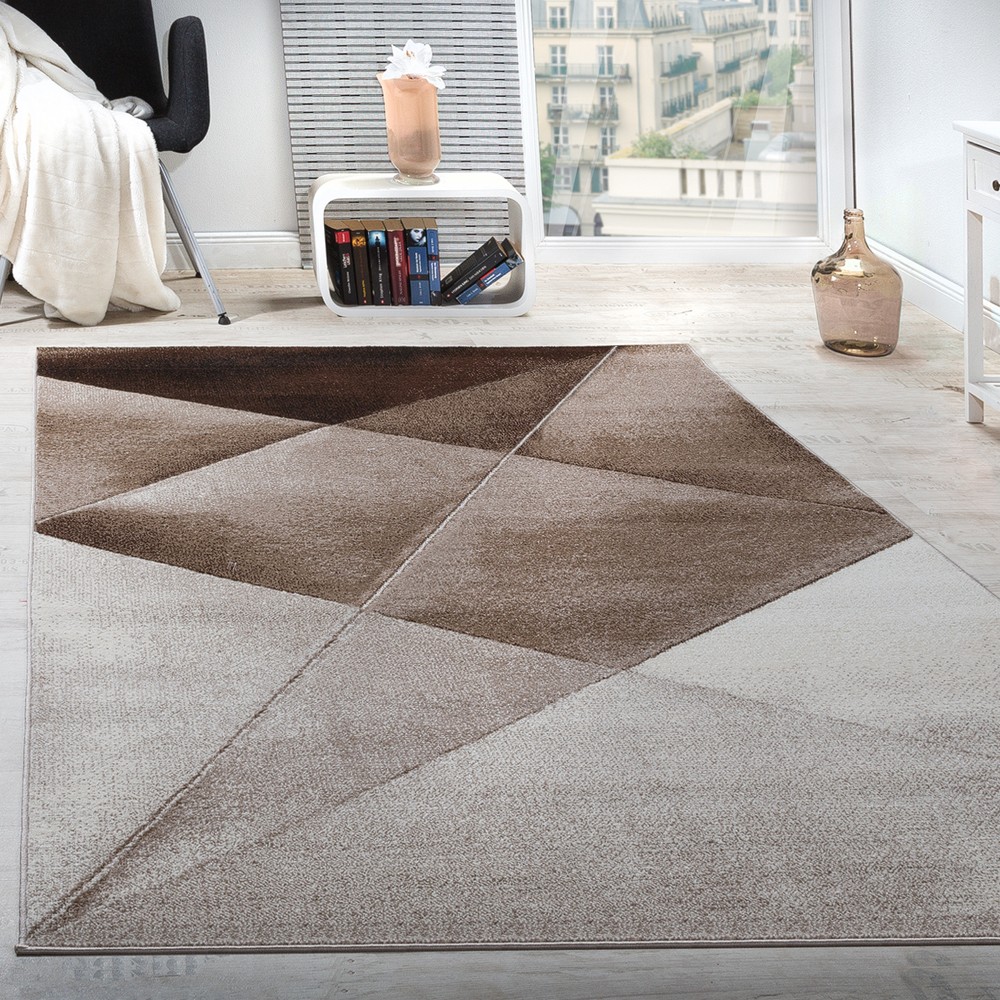 Tappeto di design moderno motivo geometrico corto marrone beige ... Tappeti moderni di design