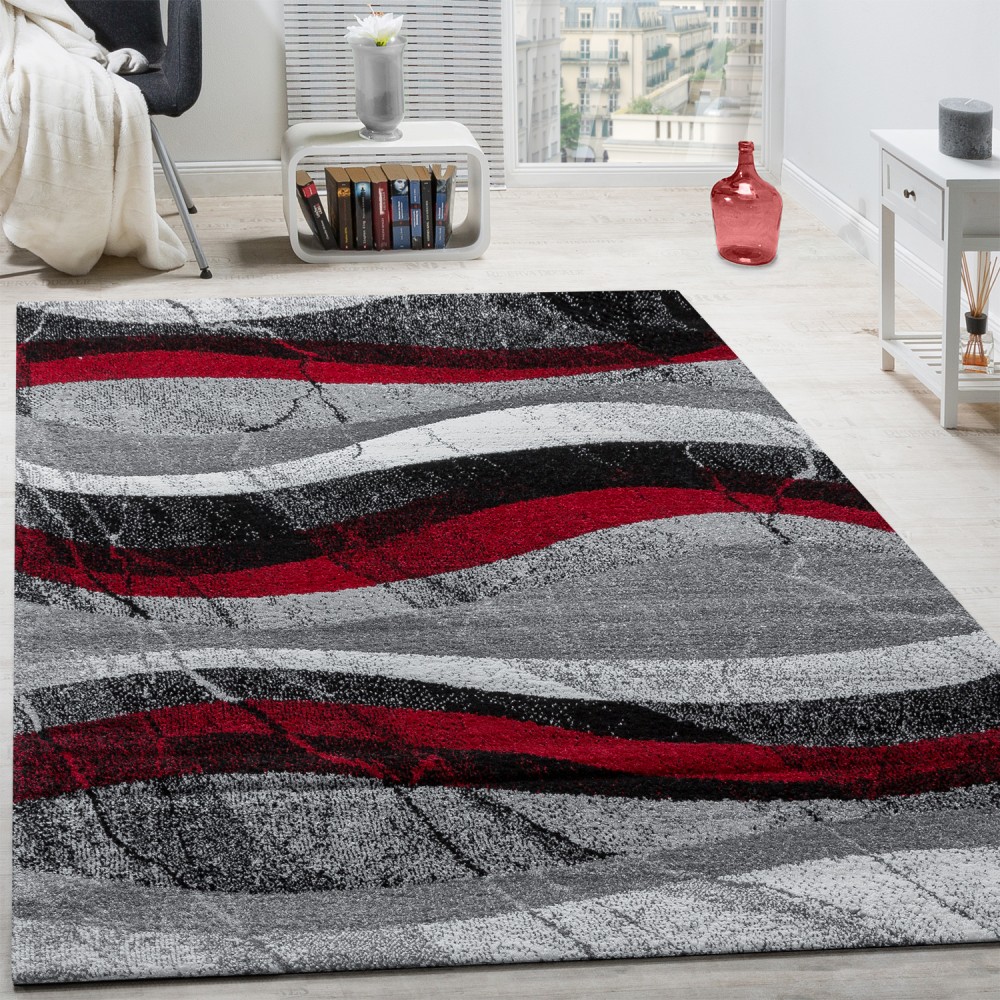 Détails Sur Tapis Design Moderne Poils Ras Vagues Effet Abstrait Gris Noir Rouge