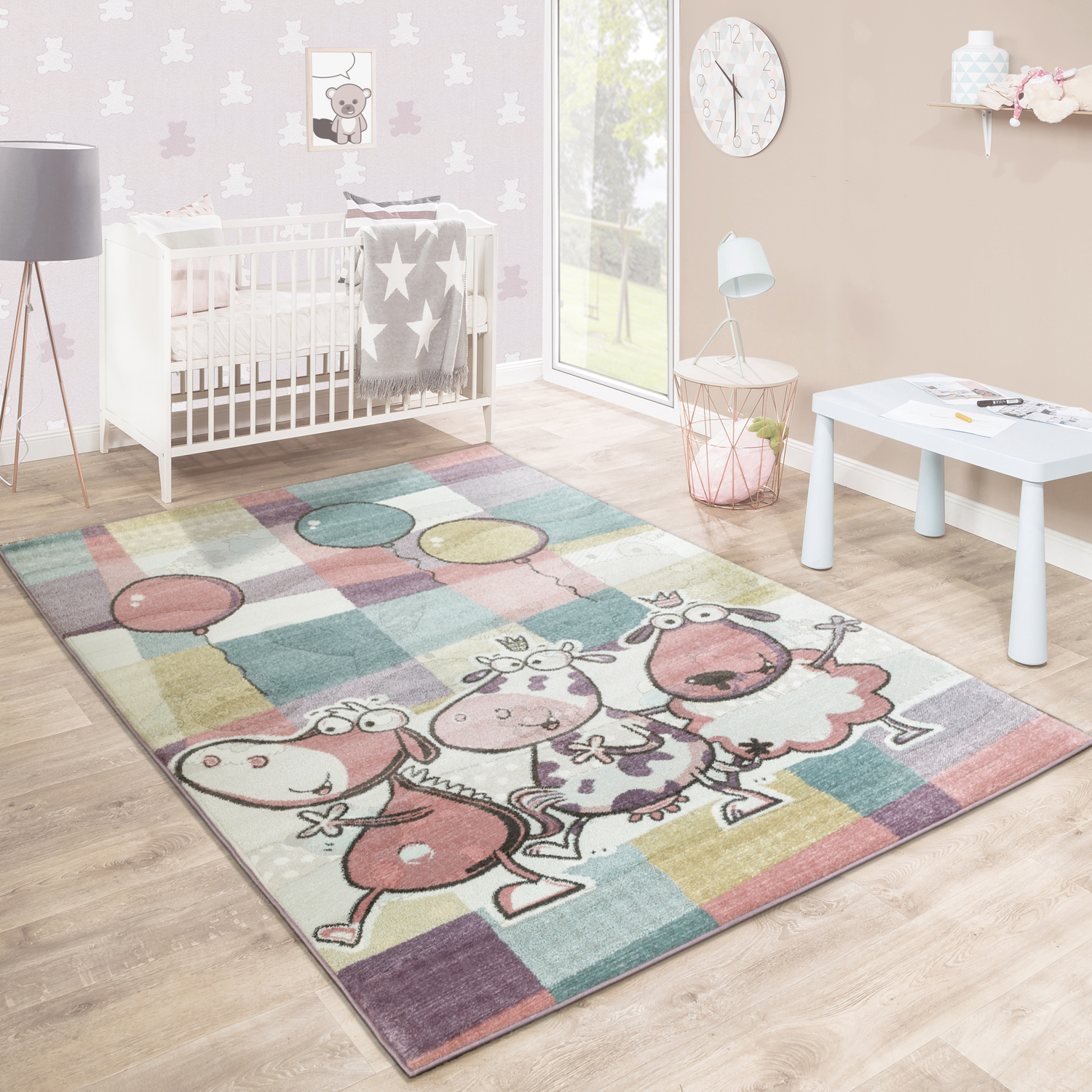 Dimensione:120x170 cm Tappeto per Bambini Stanza Giochi Caos Animali Pallone Giocoso Quadri Colorato