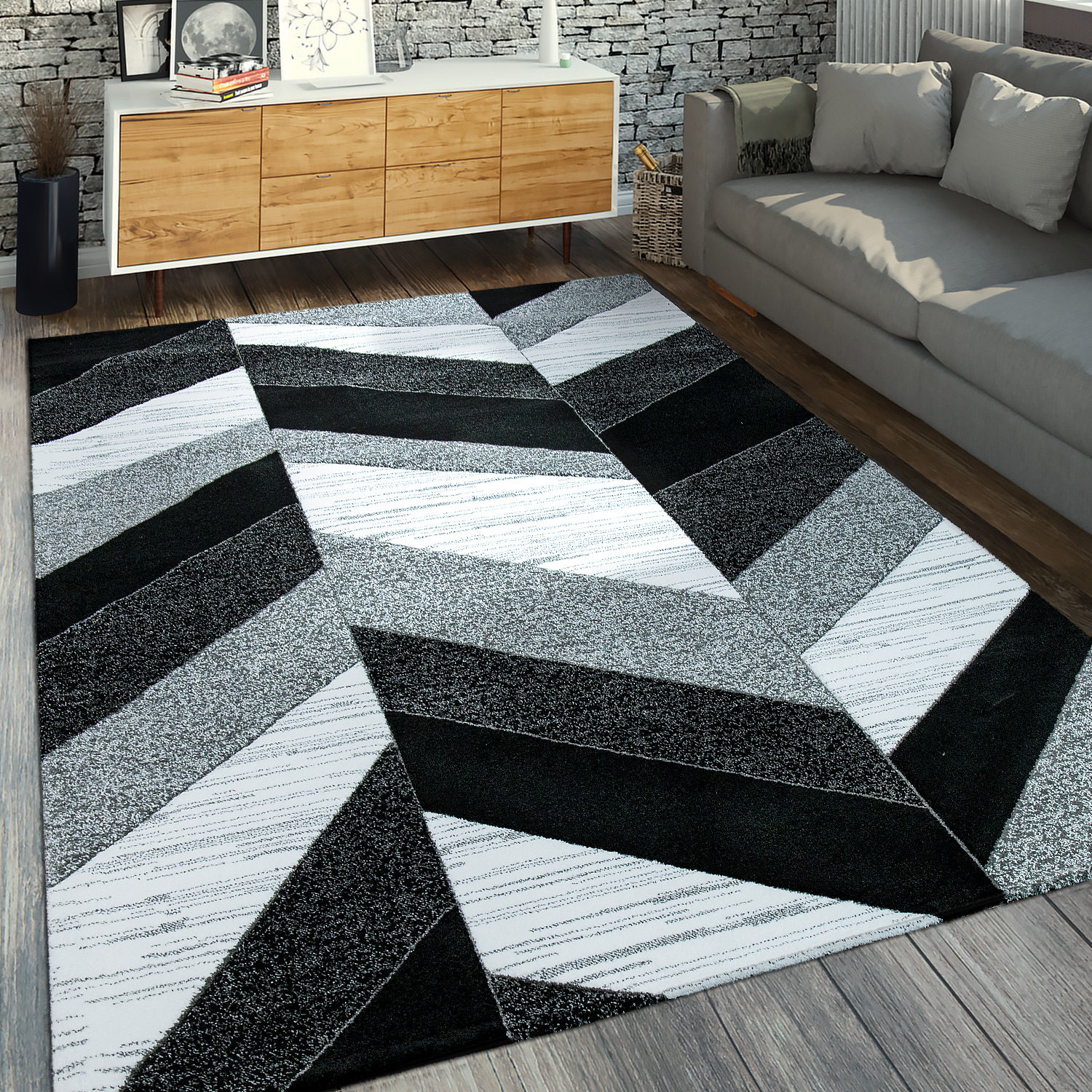 Modern Short Pile Rug Geometric Pattern Grey Black | Rug24