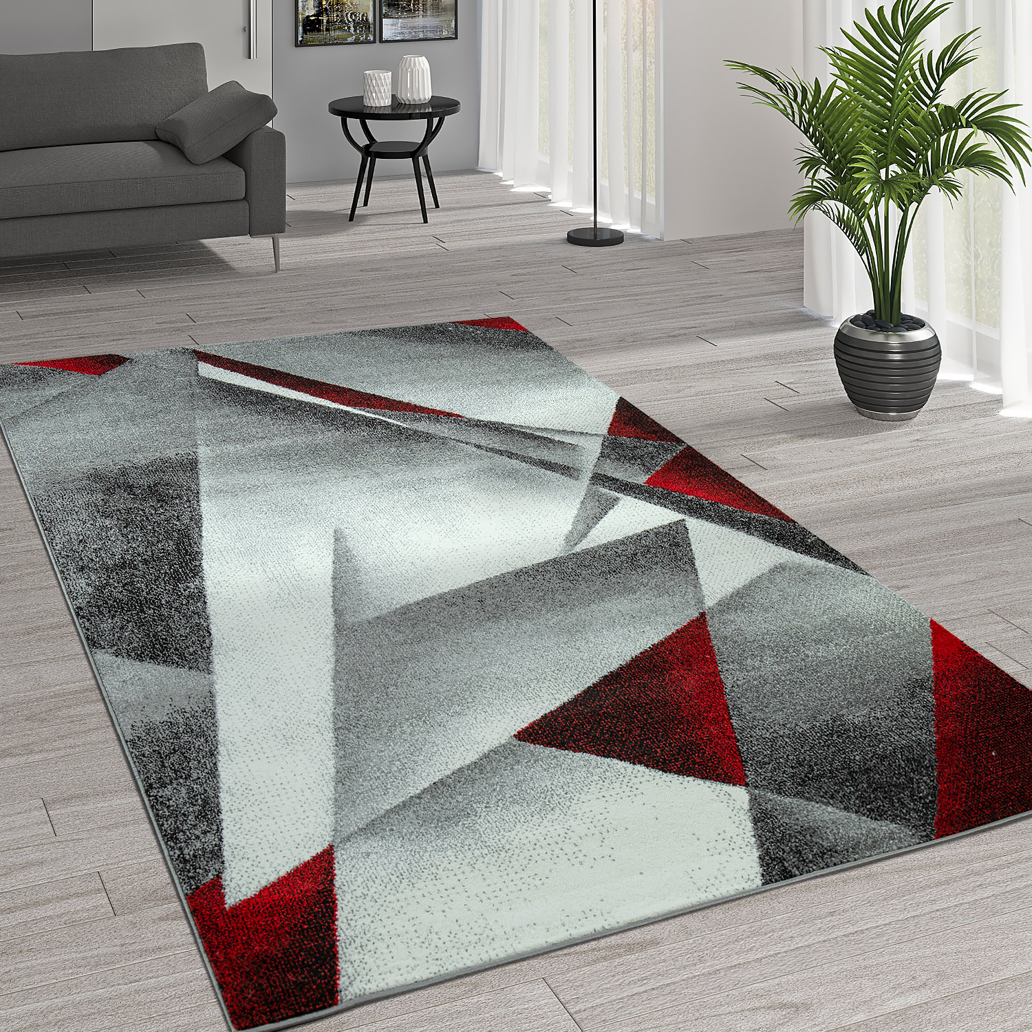 Tapis Moderne Motif Géométrique Gris Rouge