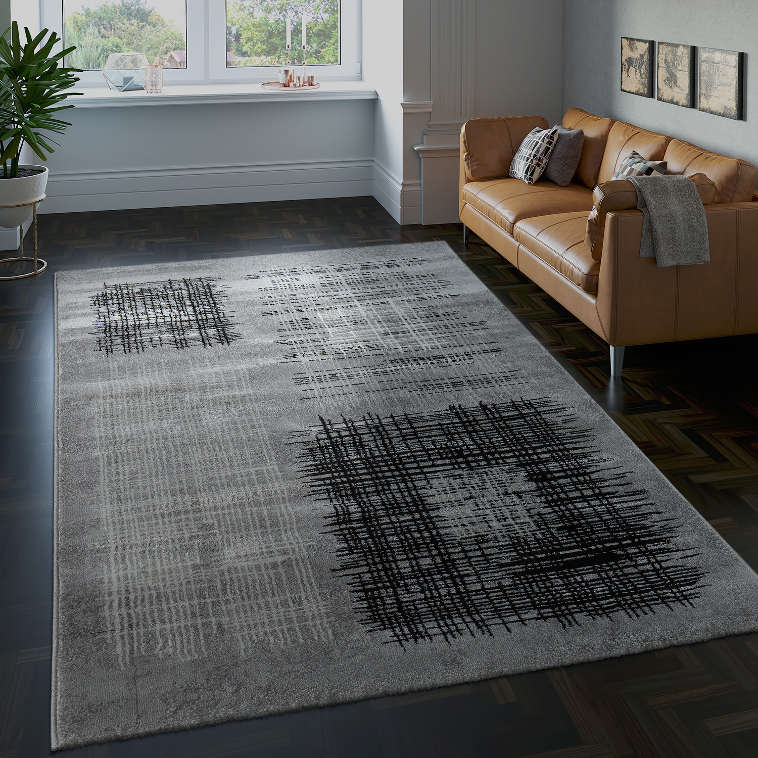 Designer Living Room Rug Checked Pattern Grey | Rug24