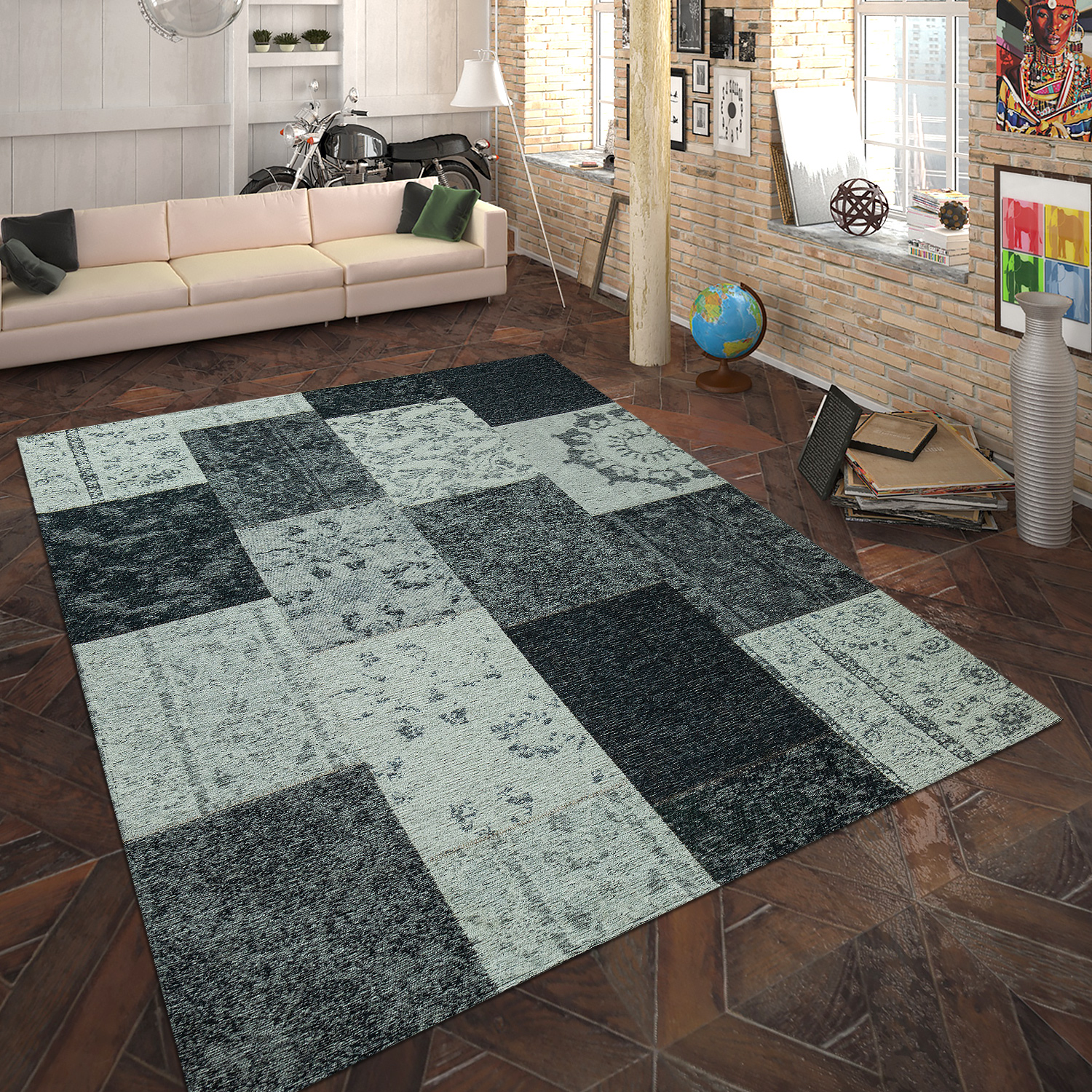 Tapis Tissé Plat Patchwork Gris Argent