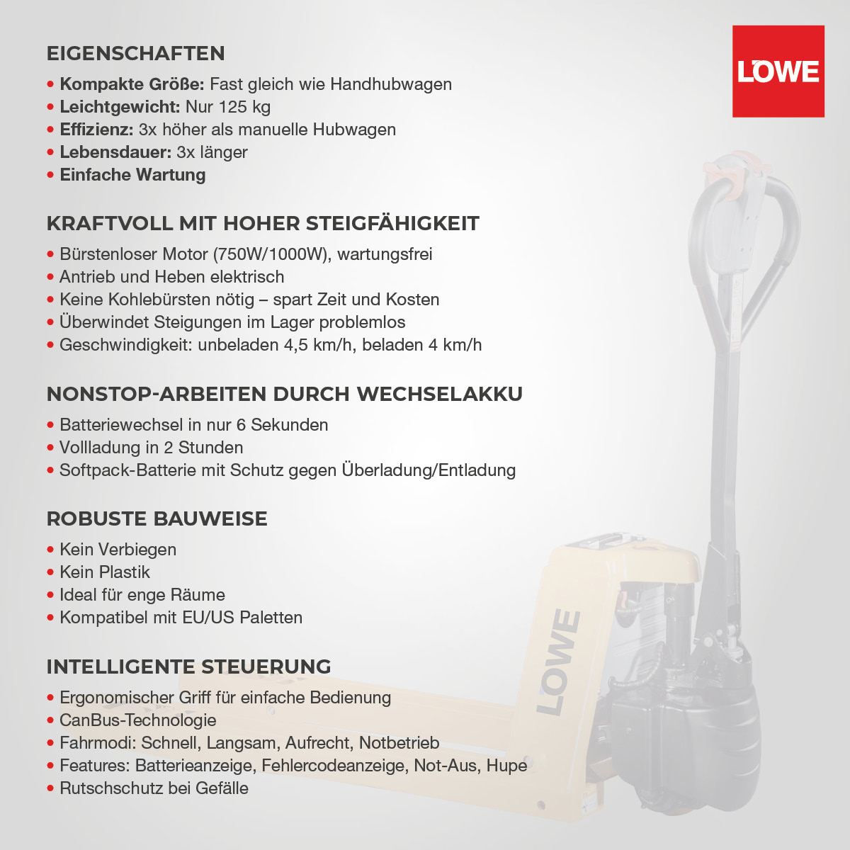Elektrischer Hubwagen XT20 2 Tonnen Features