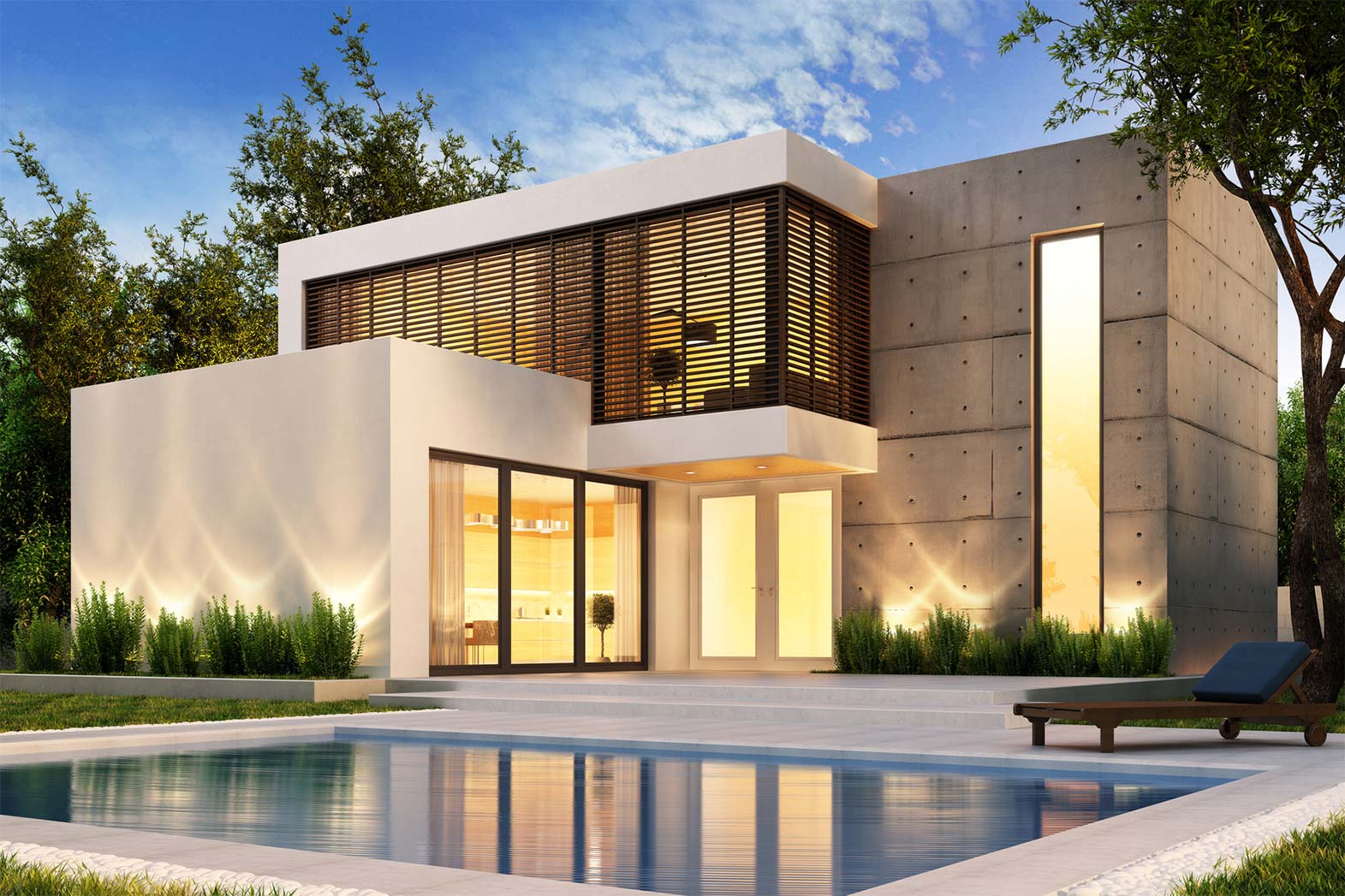 Modernes beleuchtetes Smarthome mit Pool und Garten